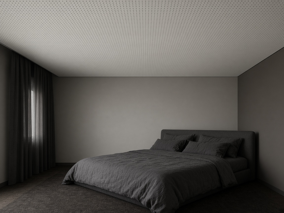 Bedroom with a micro-perforated acoustic stretch ceiling