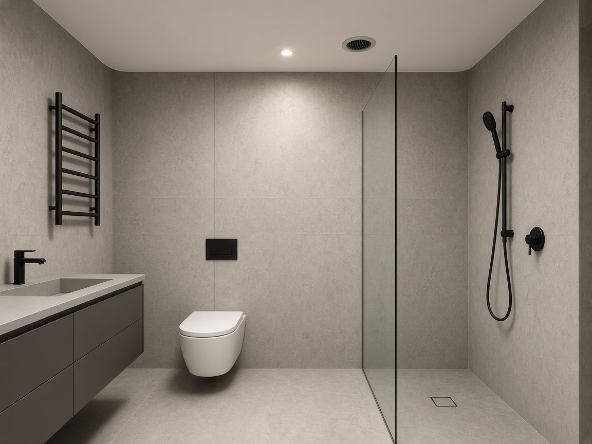 A pale stone bathroom under a flat white ceiling, with one recessed light and a round extract