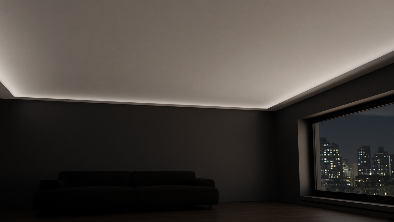 Dark living room under a seamless stretch ceiling with a soft even glow