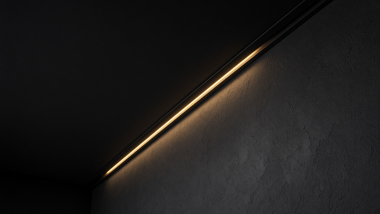 A thin warm cove of light between a black ceiling and a dark wall