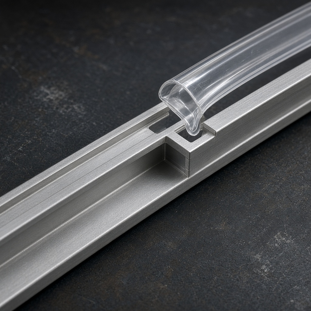 An aluminium ceiling profile on a dark bench, with a clear harpoon edge beside the track