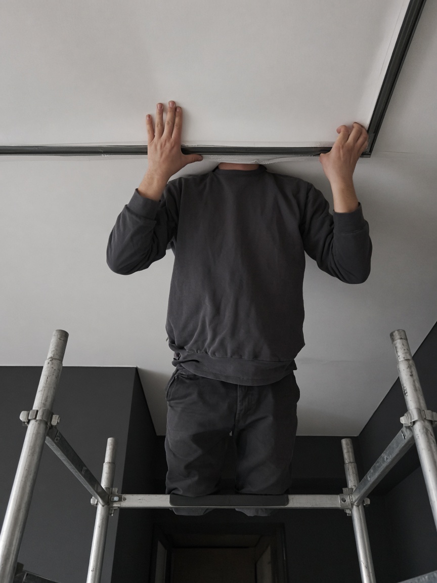 Installer seen from below on a low scaffold, face hidden behind the membrane