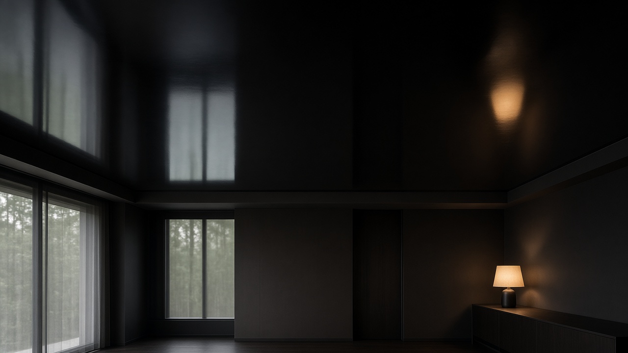 A dark lacquer ceiling holding the reflection of tall windows and a single warm lamp