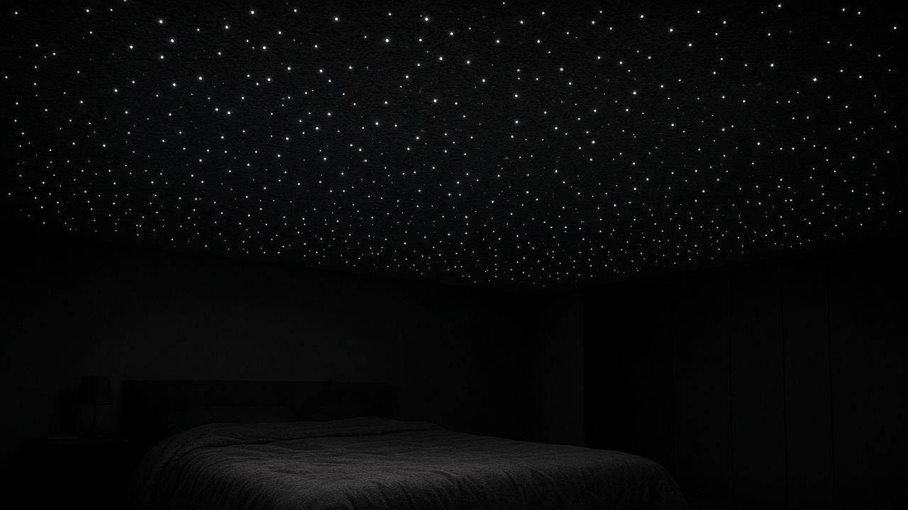 A dark bedroom under a ceiling of small fibre-optic points