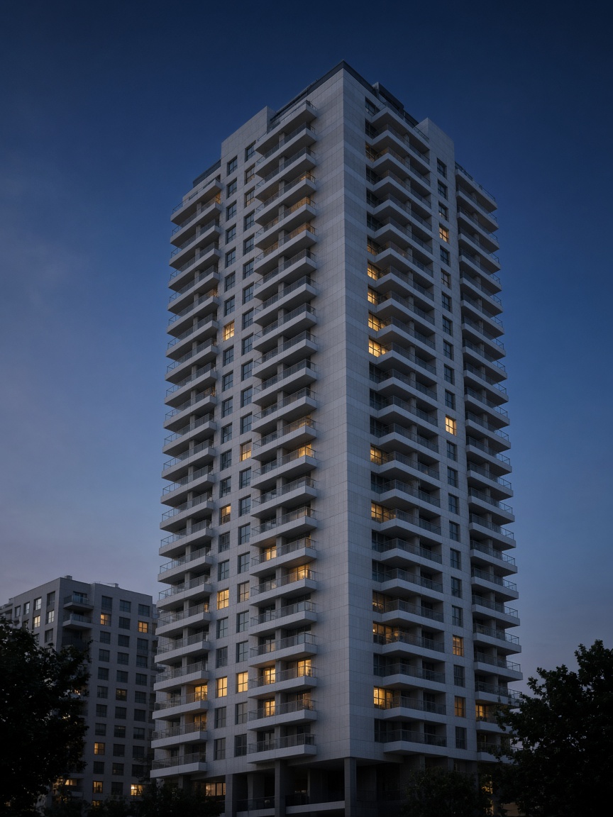 A tall white apartment tower at dusk, a few windows lit, against a deep blue sky